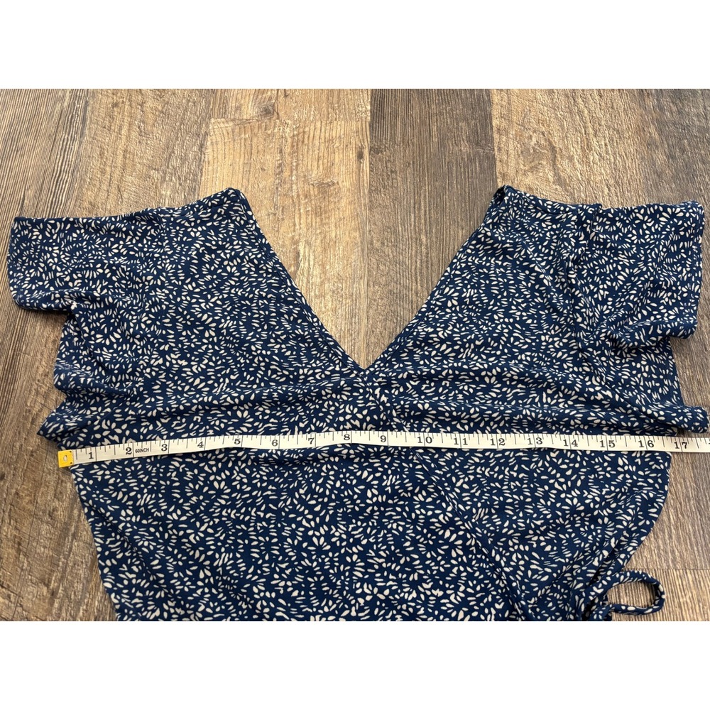 Kaileigh Navy Blue White Ditsy Floral Faux Wrap Ruffle Sleeve Dress XS - Picture 3 of 5